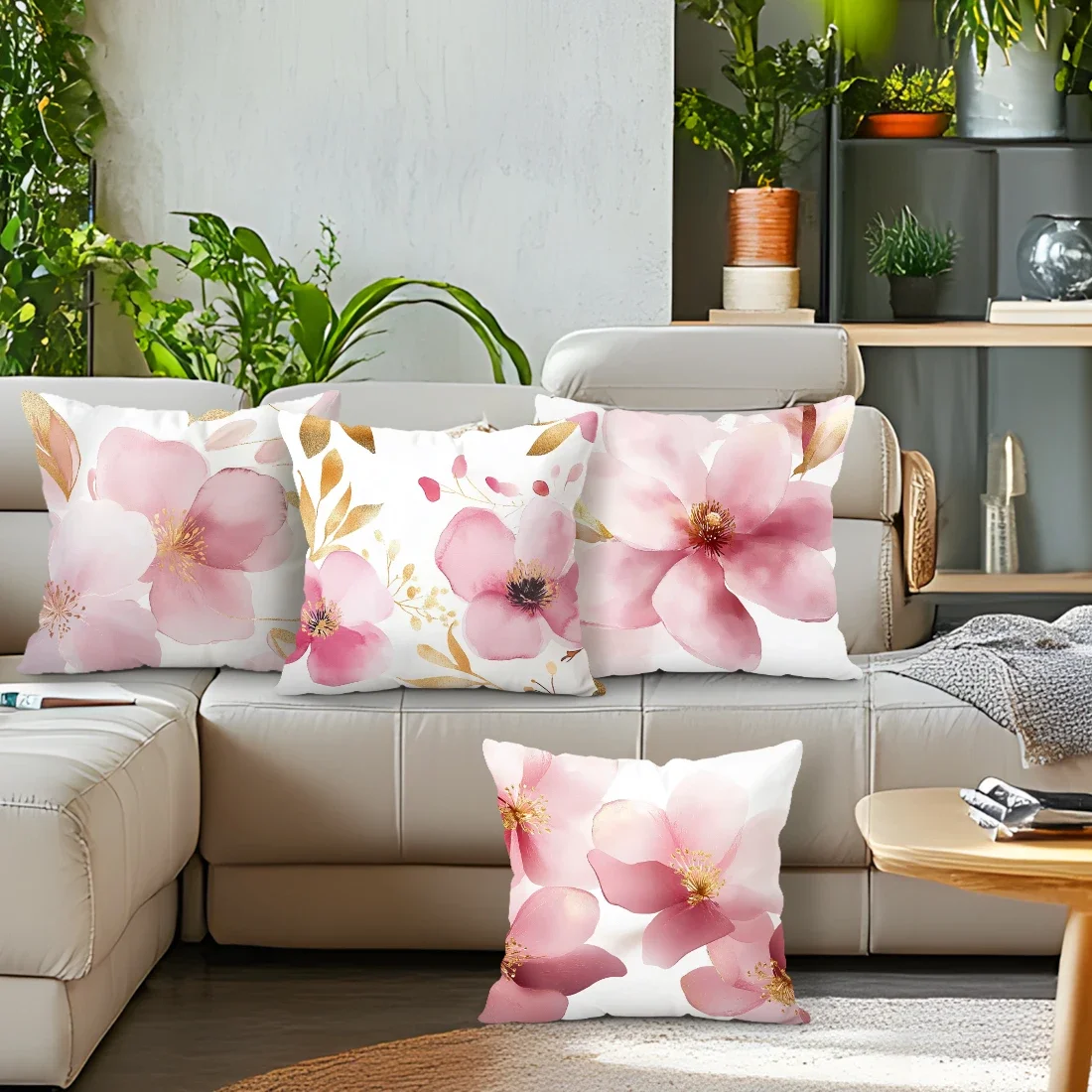 

4 шт., розовые акварельные цветочные наволочки с односторонним принтом, подходят для гостиной, спальни, украшения автомобиля