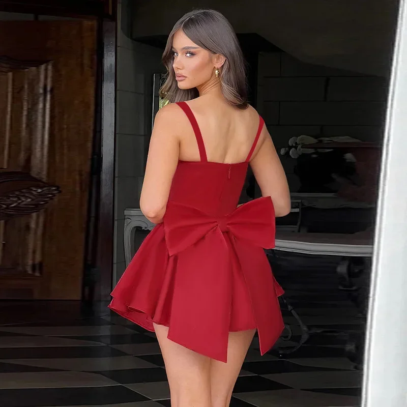 Bow Spaghetti Strap Backless Sexy A-line Dress Women Elegant Party Dress Strapless Bodycon Mini Summer Dress Vestidos