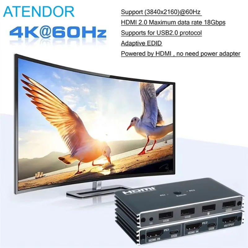 4K@60HZ for HDMI -Compatible KVM USB Switch 2X1 with Remote 2 Port 2-in-1 KVM Switcher Supports 2PC Computers & 4 USB2.0 HDMI2.0