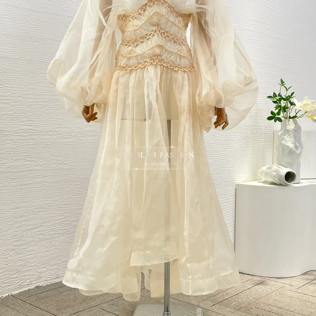 

Elegant Pure Silk 2025 Summer Holiday Collection Beach Style High Quality Full Lantern Sleeve Women Long Dress