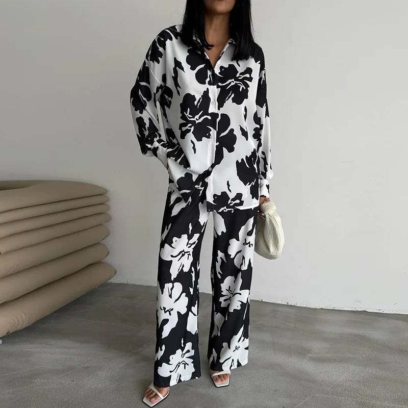 

Office Fashion Commuter Two Piece Suit Elegant Lapel Button Shirt & Long Pant Set Women Casual Long SLeeve Pocket Loose Outfits