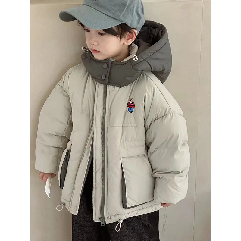 

2024 Winter Junior Boys Parkas Cotton Padded Bear Printed Infant Babys Boys Jackets Loose Spliced Hooded Toddler Boys Outerwear