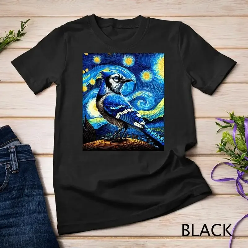 Blue Jay Under Starry Night Sky Art Graphic Christmas T Shirt Unisex T shirt