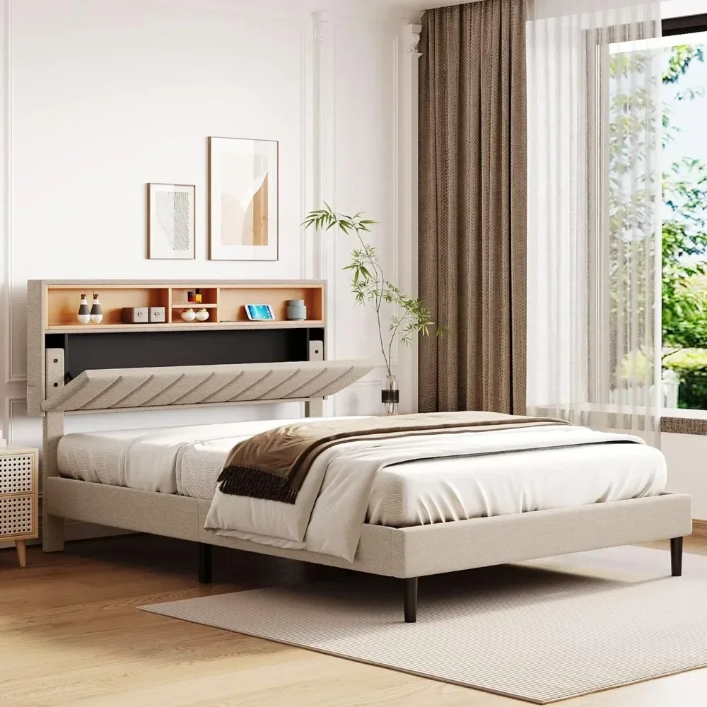 Bed frame bedroom furniture: headboard with storage and USB ports, full, grey modern upholstered platform bed