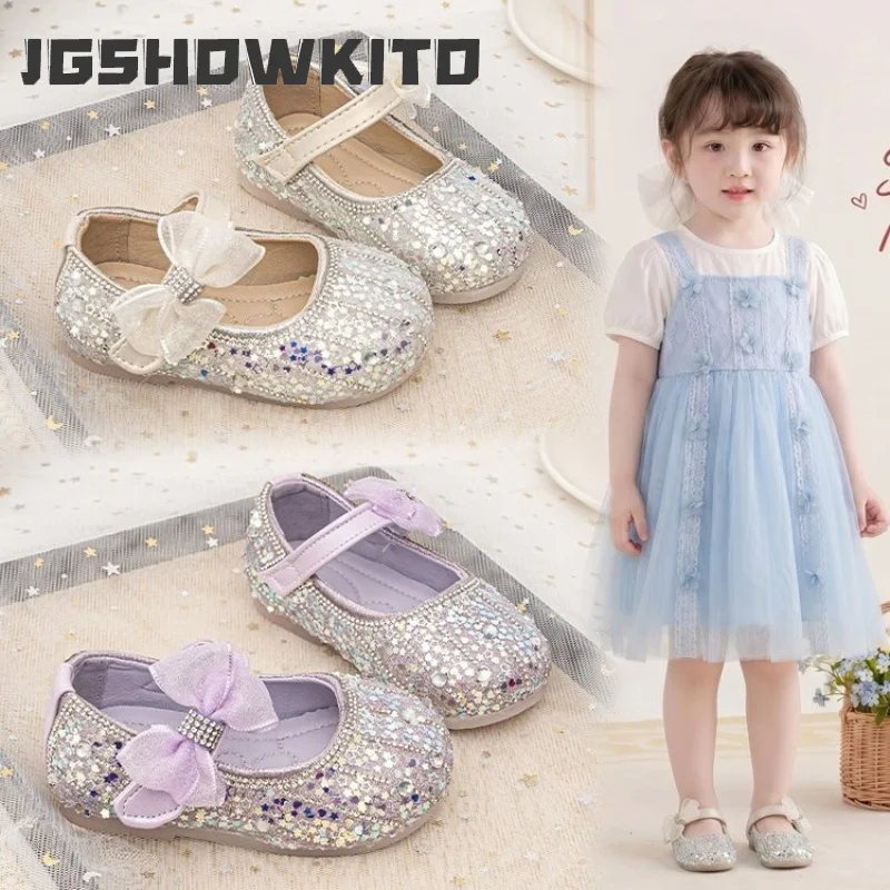 JGSHOWKITO Toddler Girls Mary Jane Shoes Sweet Bow First Walker Kids Flat Shoes Non-slip Princess Glitter Children Leather Shoes