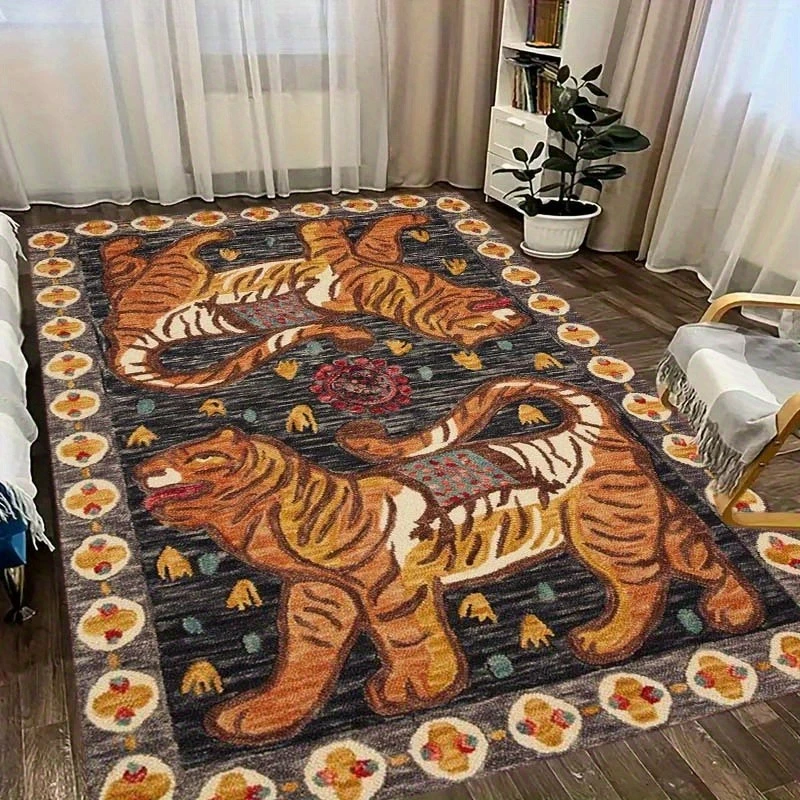 

Large Bohemian Tiger Design Area Mat Non-Slip, Vibrant Animal Floral Patterns, Perfect for Living Room, Bedroom, or Dining Area