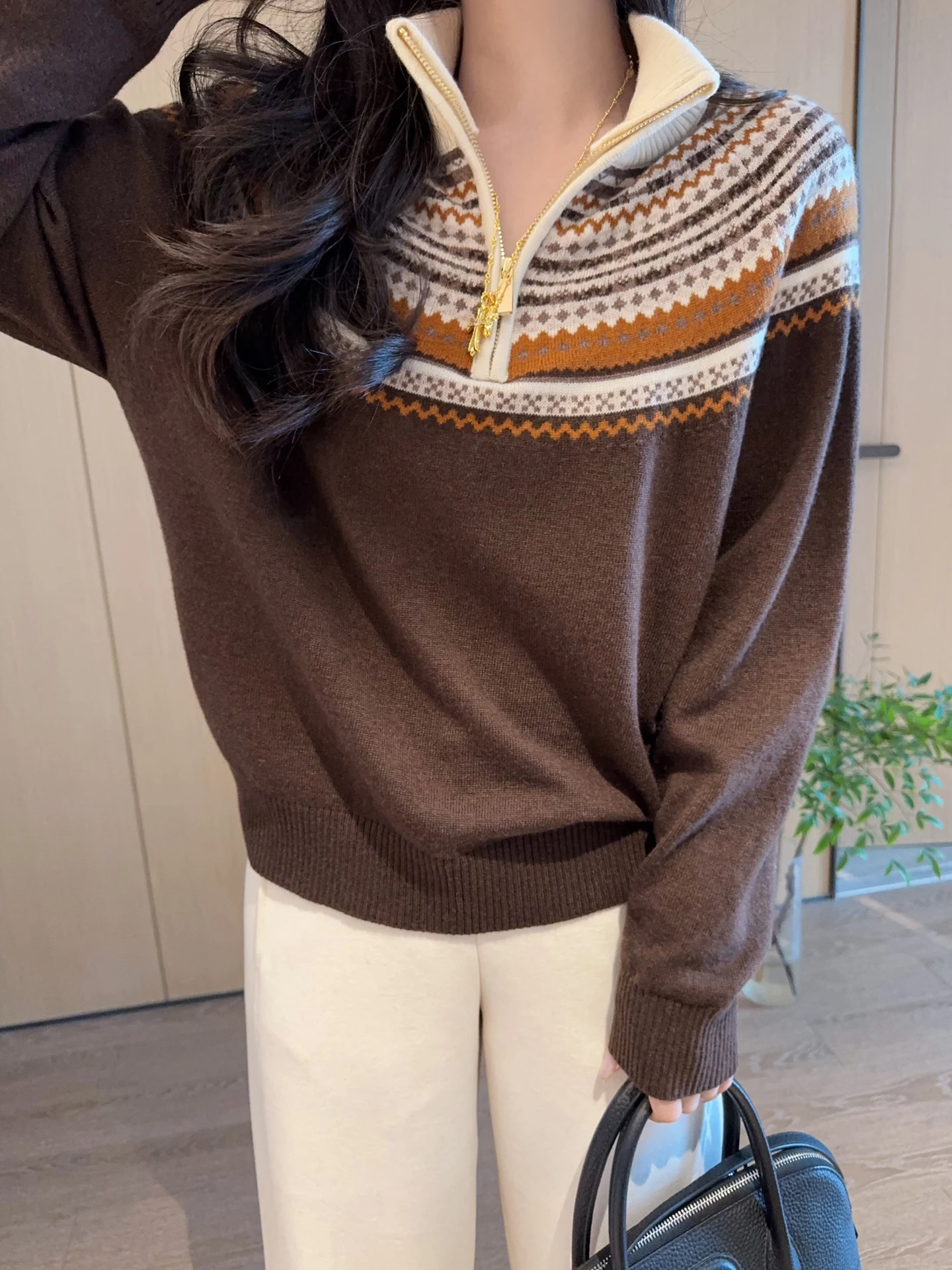 

Retro Artistic High Collar Knitted Sweater Fair Isle Embroidery V Ne Vest Woolen Long Sve Warm Casual Women's Top