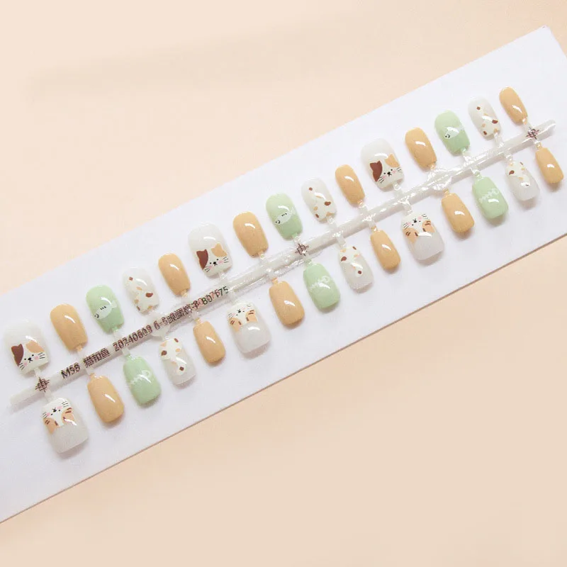 

30pcs Short Round Press-On Nails - Adorable Cat & Fish Cartoon Design in Green/Yellow Playful & Cute (Multi-Size Fit)