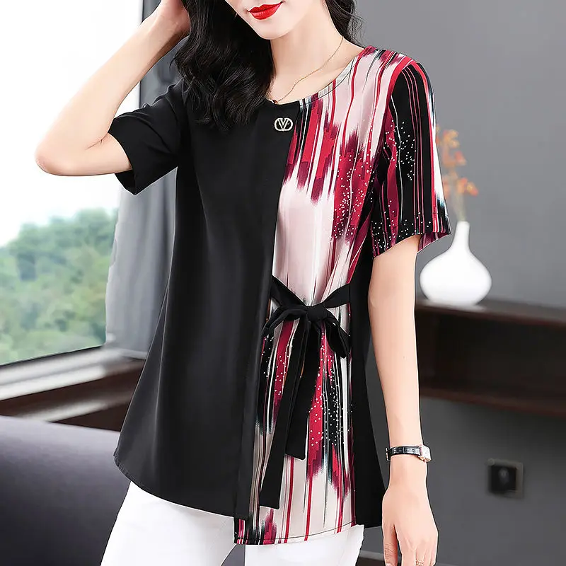 Contrast Printing Lacing T Shirts Summer New Irregular Short Sleeve Loose Printing Vintage Tops Fashion Casual Women Clothing