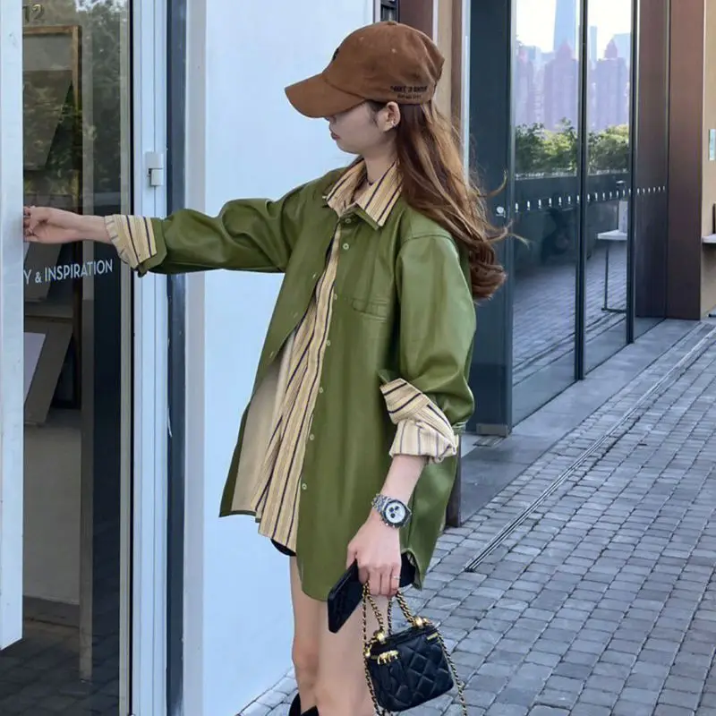 

Vntage Hong Kong-Style Chic Design Sense, Small Number Of leather Clothes, High Grade Sense, Fried Street, Green Jacket, Female