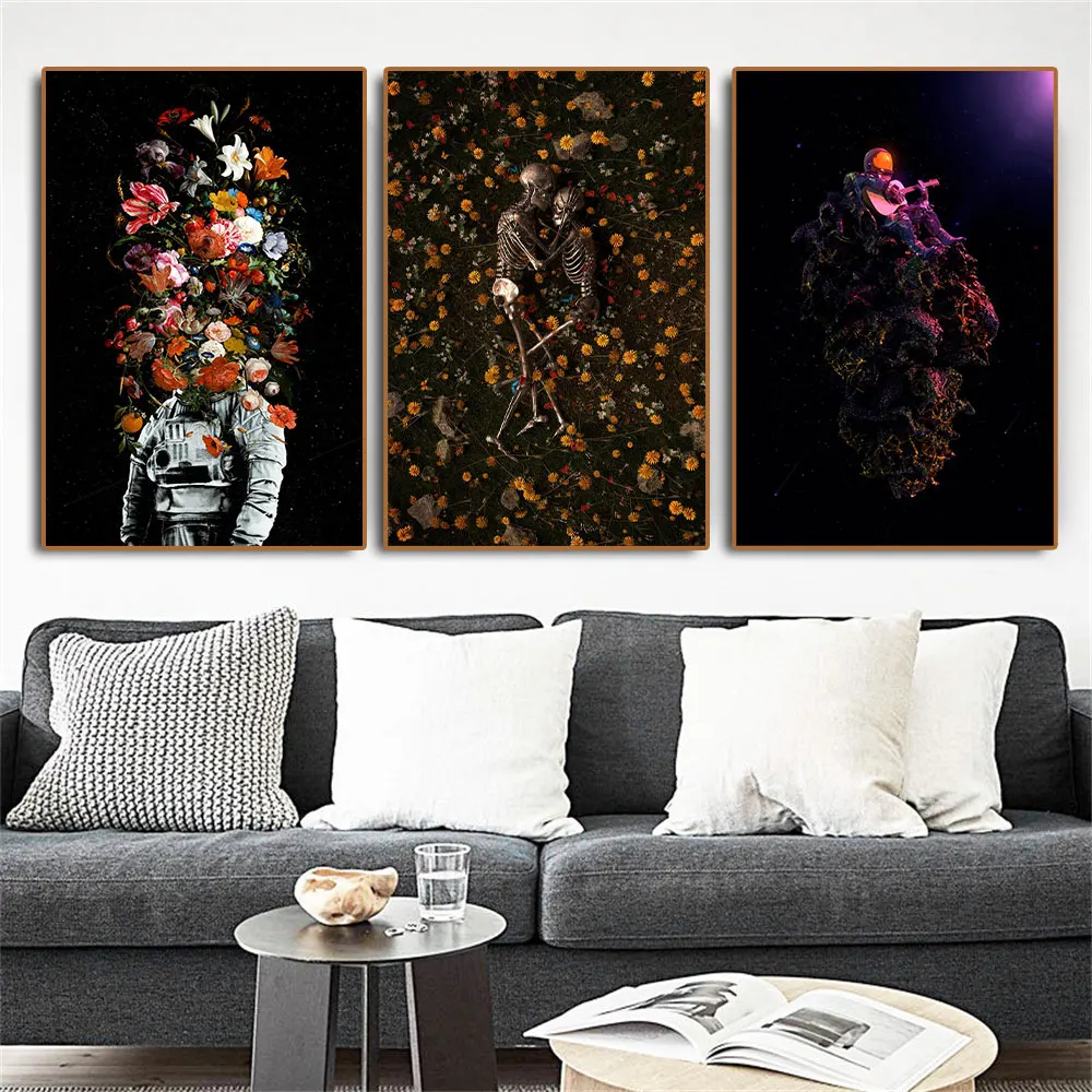 Modern Astronaut Space Flower Poster Print Wall Picture Abstract Romantic Lovers Artwork Canvas Painting For Home Decor Cuadros