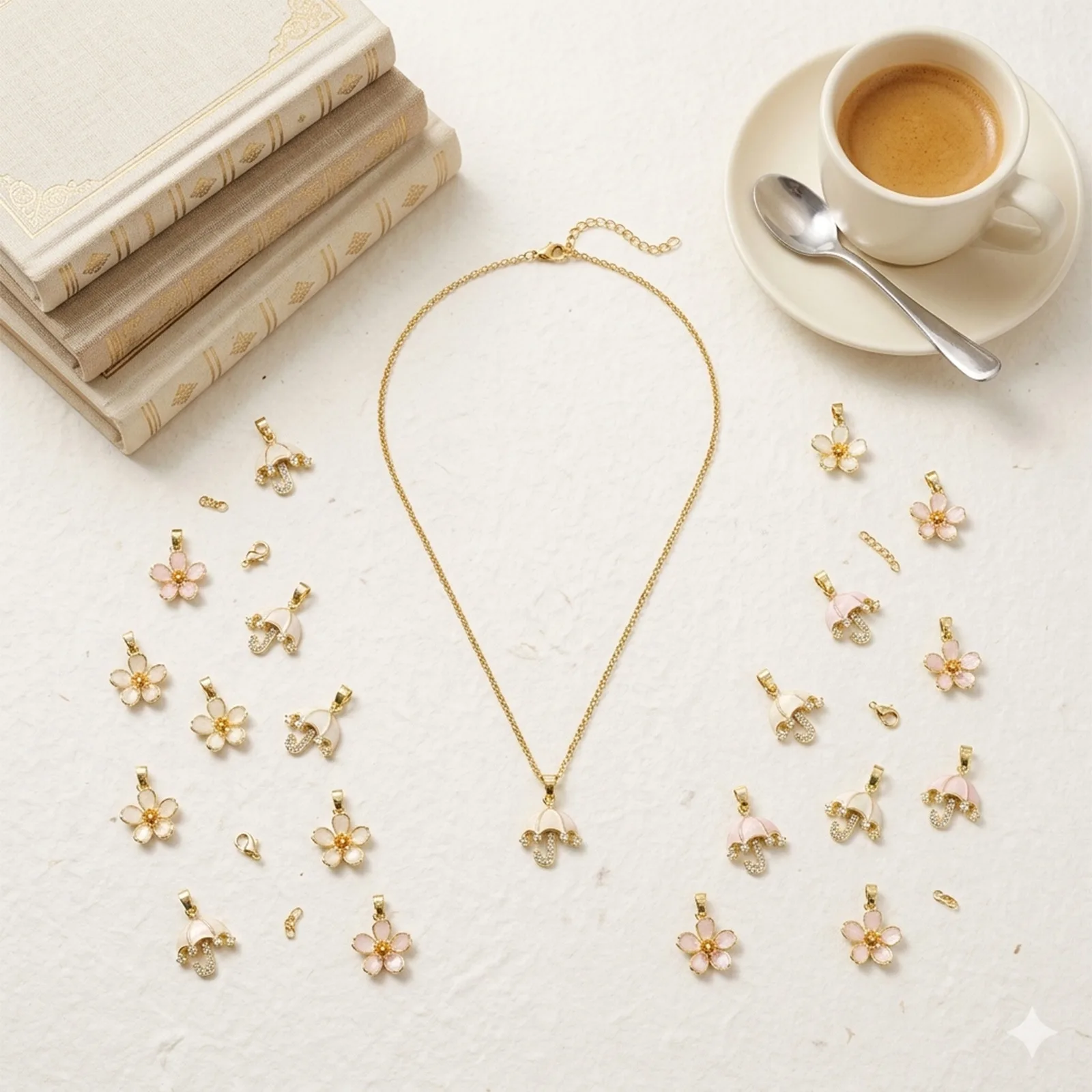 2 Stück 18k vergoldete Anhänger mit transparentem Zirkon, Perle, Regenschirm, Blume, Melonenkern, Schnalle, Messinganhänger für DIY-Halskettenherstellung. – Detail 4