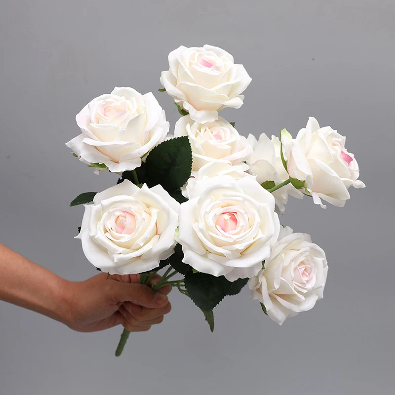 9 Heads Simulation Big Rose Bouquet Wedding Flowers White Fake Roses Artificial Flower Silk Flowers Home Decoration