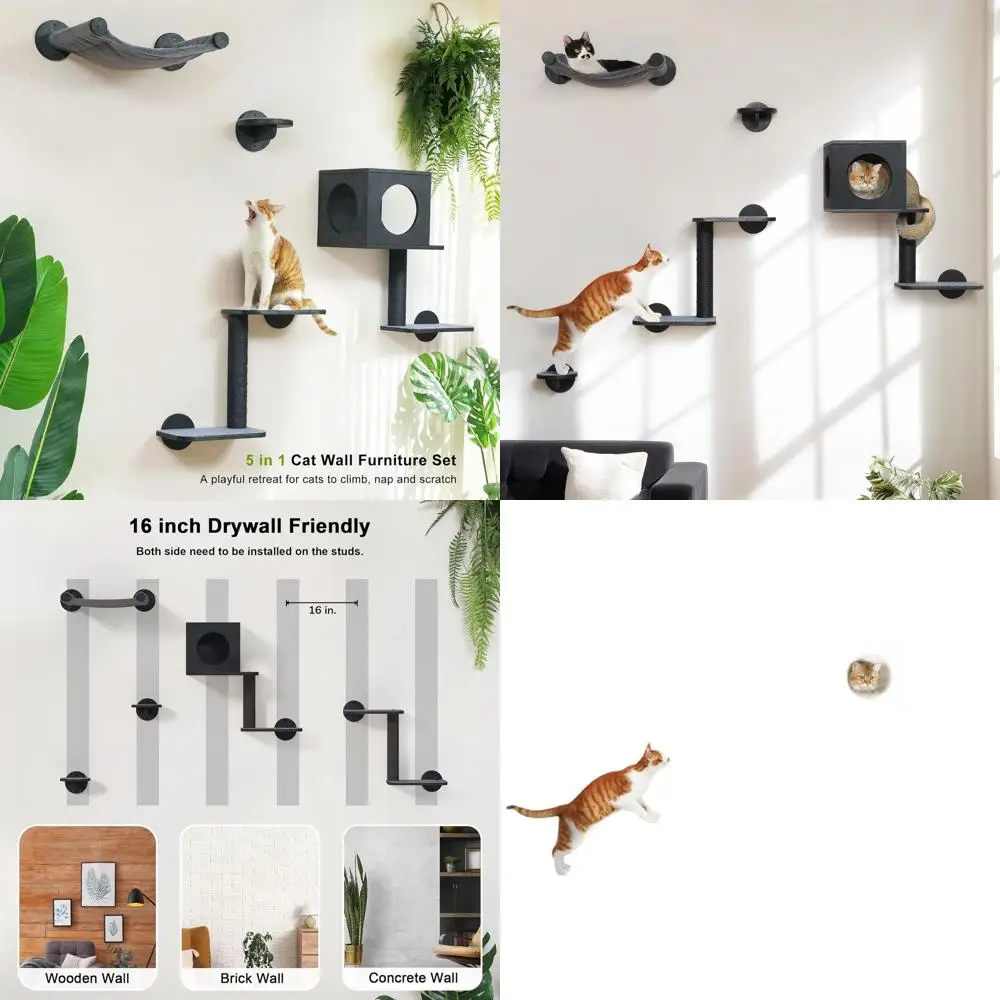 

5-Piece Wooden Wall-Mounted Cat Furniture Set with Hammock, Climber, House, Steps, and Scratching Post in Black