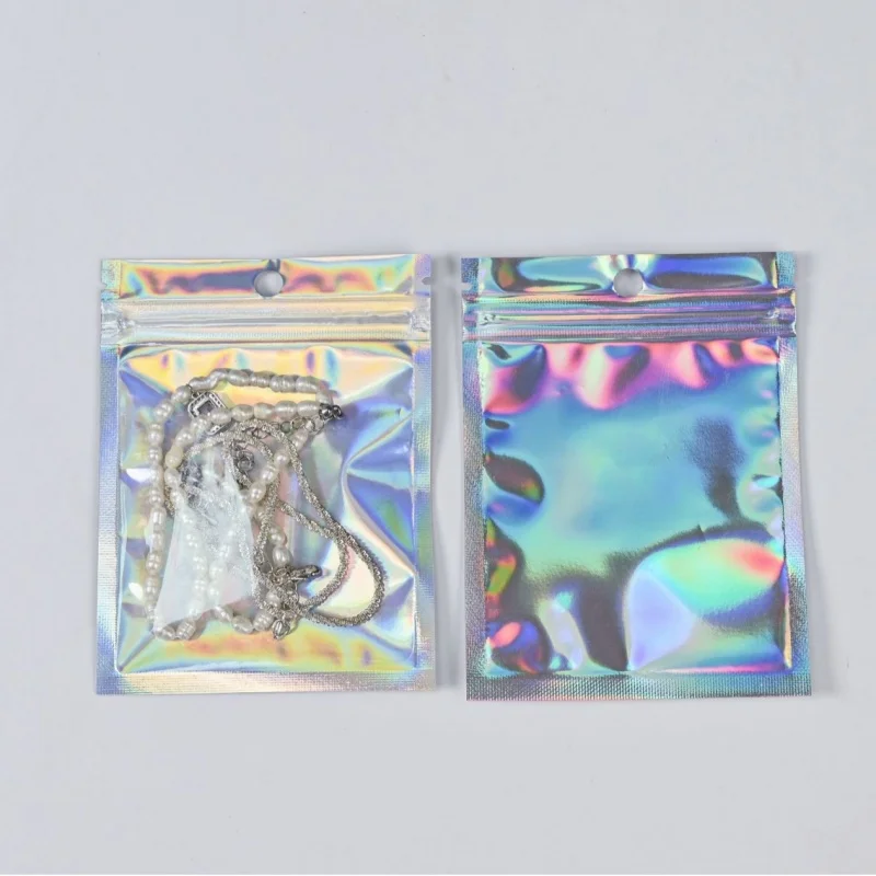 

100pcsClear Front Laser Ziplock Flat Packaging Bag DIYCocoa Matcha Snack Sugar Nail Stickers Candy Gifts Storage Hanging Pouches