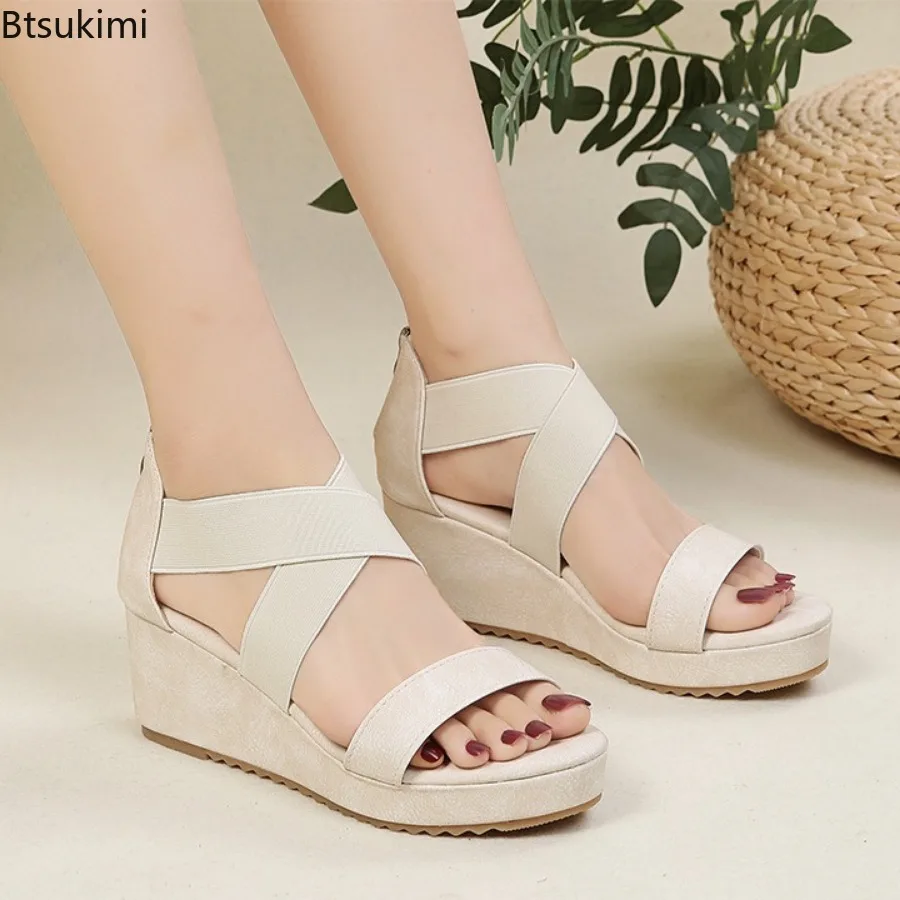 Neue Keils andalen für Frauen Sommer mode Cross-Strap ein Wort römische Schuhe Damen klobige Sohle zurück Reiß verschluss Peep Toe Sandalen