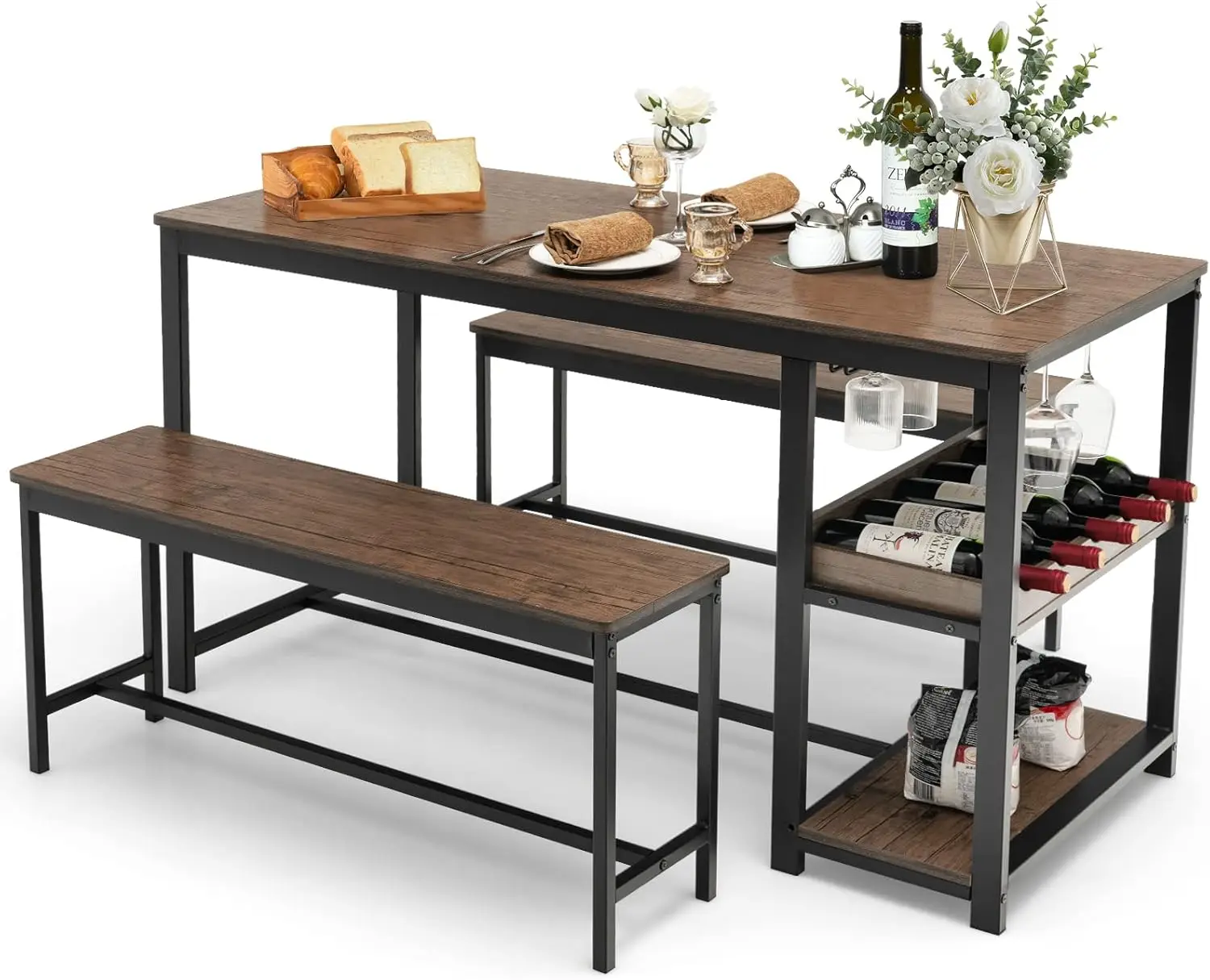 Ensemble de table à manger 3 pièces pour 4, table à manger de pub rustique avec 2 bancs, 2 étagères de rangement et porte-verre, petit-déjeuner