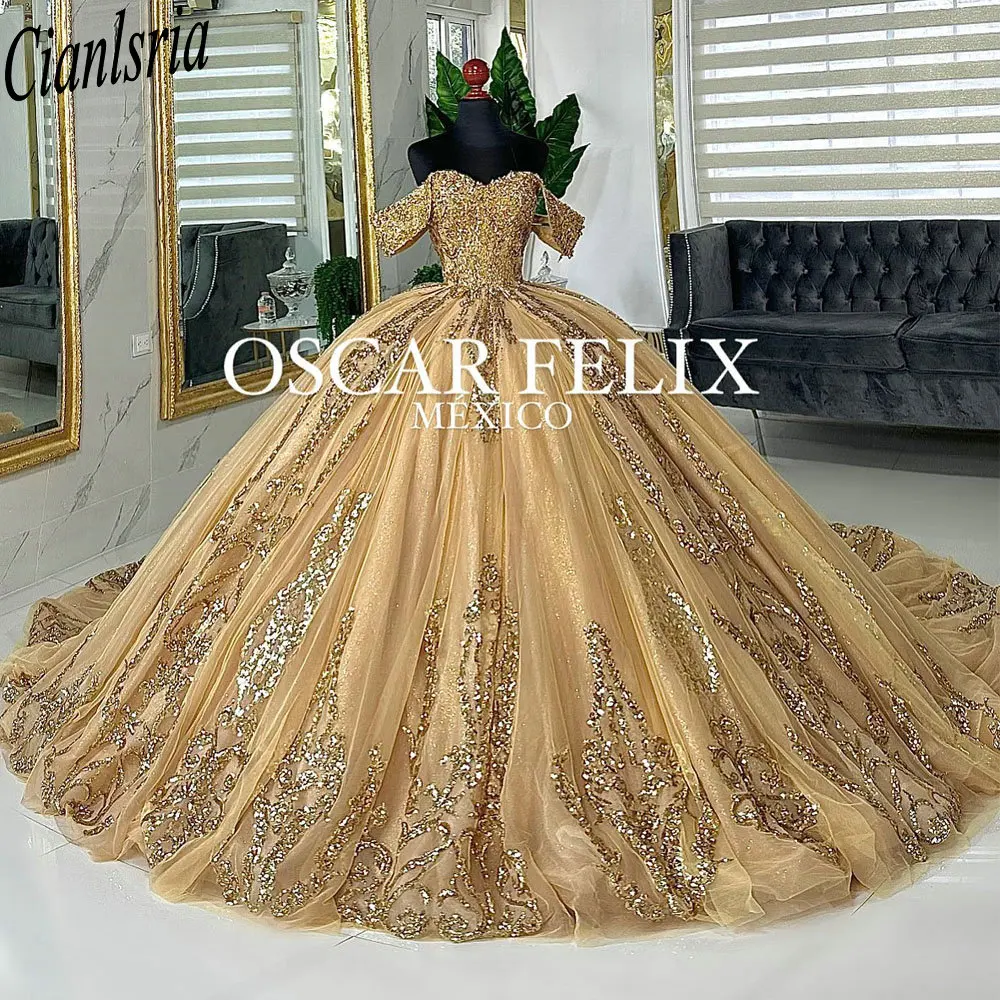 Gold Off The Shoulder Beading Ball Gown Quinceanera Dresses Sequined Appliques Lace Corset Vestidos De 15 Años