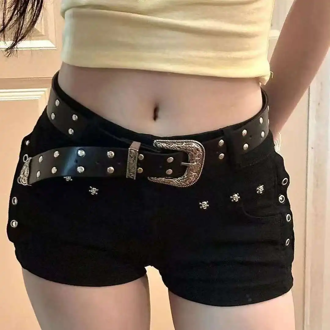 American Hot Girl Dark Y2k Hip-packing Black Pants Rivet Design Sense Denim Shorts Women's Low Waist Slim Hot Pants