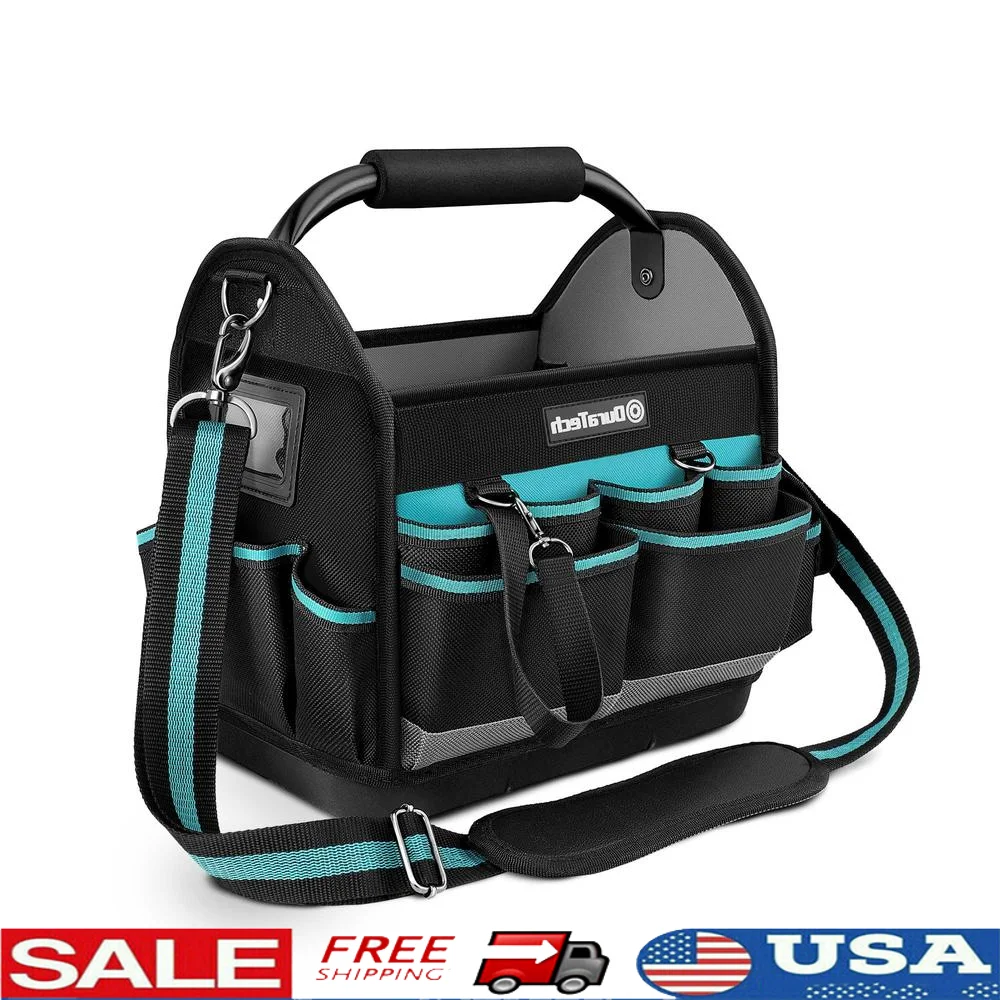 Tool Tote Bag Waterproof Hard Bottom Electrician Storage Wide Mouth Shoulder Carry Handles Professional Maintenance Tools Bag