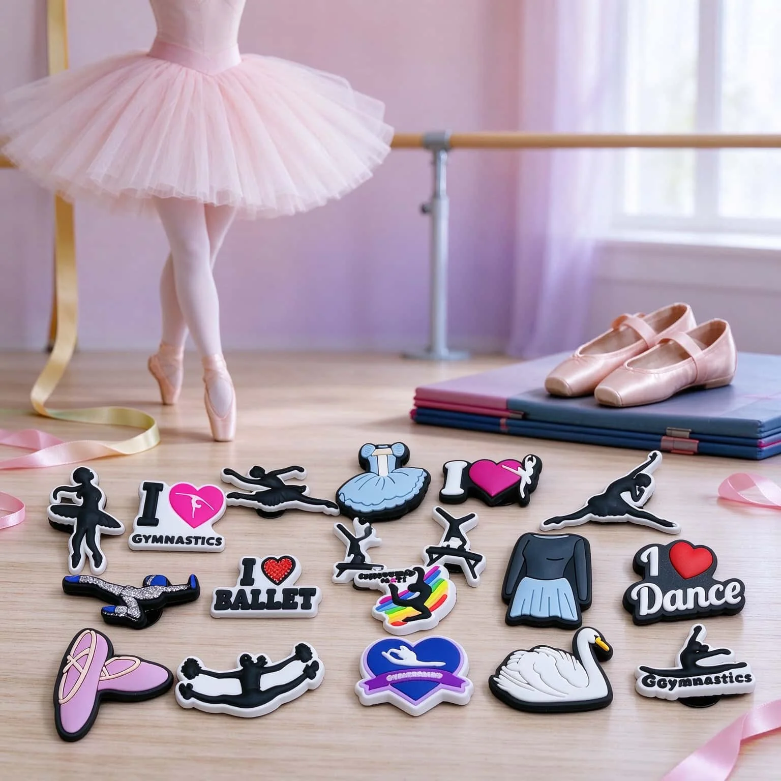 20/50/100pcs Ballet Sports Gym Gymnastics PVC Sandals Shoes Charms Buckle Clog Diy Shoes Decorations Wristbands Girl Party Gifts