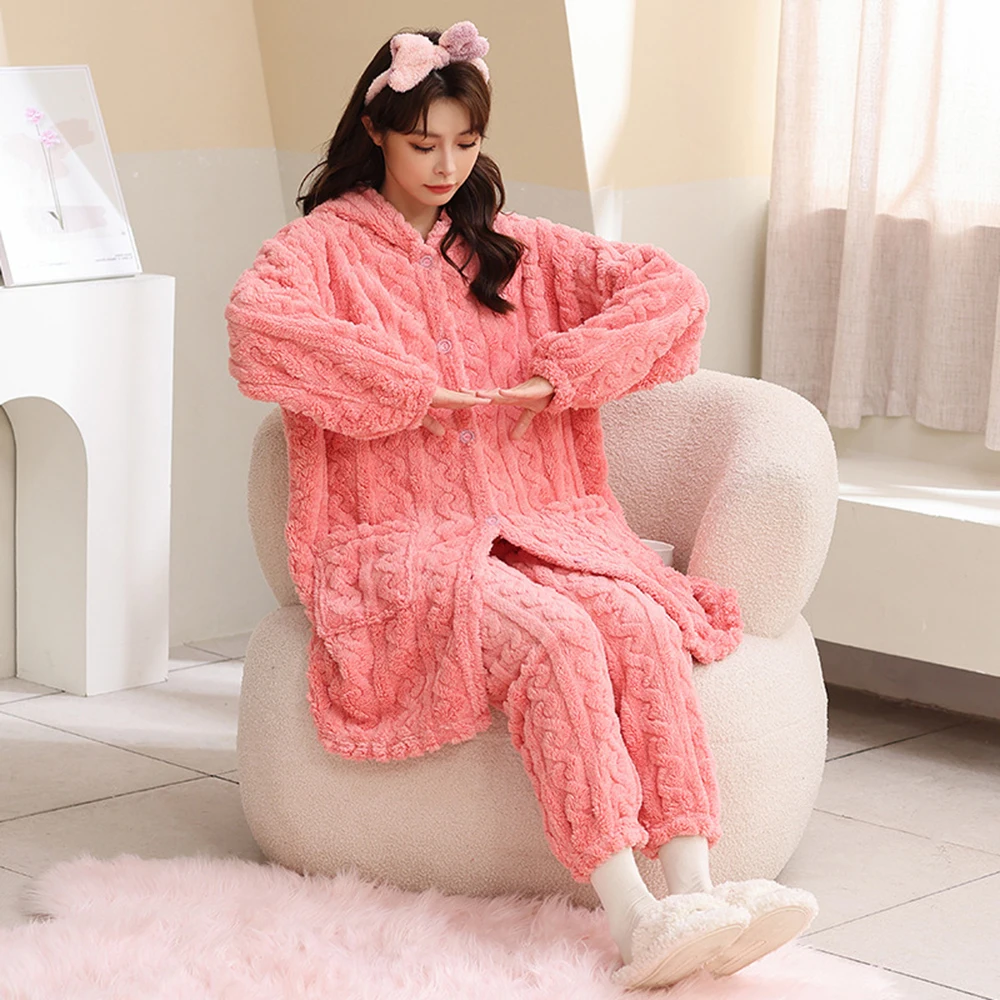 Women Pajamas Sets Two Pieces Nightgown Suit Winter Warm Sleepwear Nightwear Long Sleeve Thick Nightdress Solid Sleeping Dresses