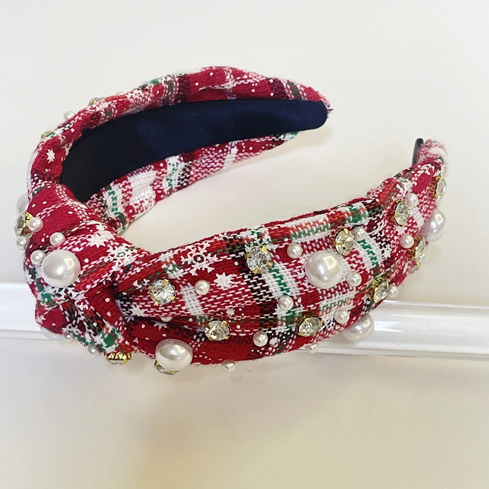 Christmas Plaid Gingham Pearl Rhinestone Hairband Headband Adult Hair Accessories Hair Jewley