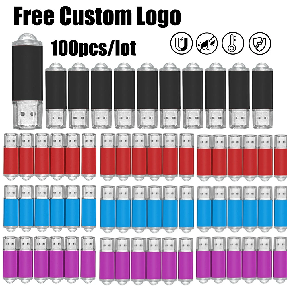 100PCS/lot Metal Pen Drive 64GB 32GB 16GB USB Flash Drive 8GB 4GB U Disk Key Stick 2GB 1GB 128MB 256MB Memory Pendrive Free Logo