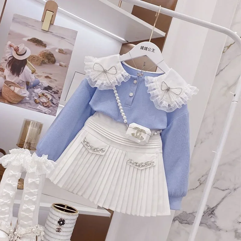 

Child Clothing Suit Party Birthday Baby Clothes 3-14Y Fashion Baby Girl Princess Clothes Set Bow Lace Sweatshirt Sequins Skirt