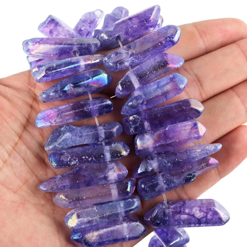 TUMBEELLUWA Crystal Points Titanium Coated Quartz Rough Sticks Spikes Point Beads 15 inch Strand Top Drilled