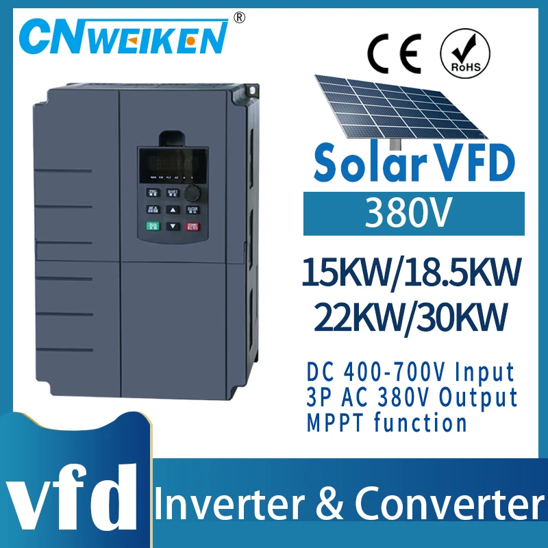 WK600 series 380v solar VFD 22kw/30kw DC input 400-700V and 3phase 380V output high-power frequency converter/ac motor drive/VSD