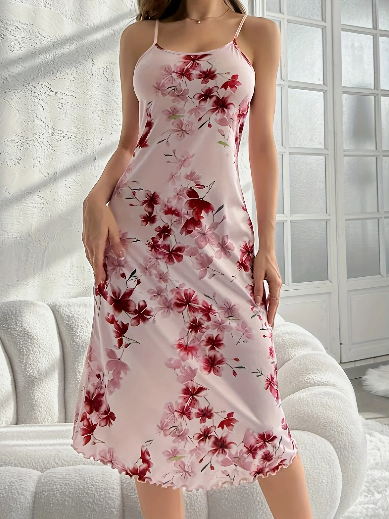 Summer ladies new hot selling flowers printed pure desire wind pink fungus edge in a long milk silk sling nightdress can be worn