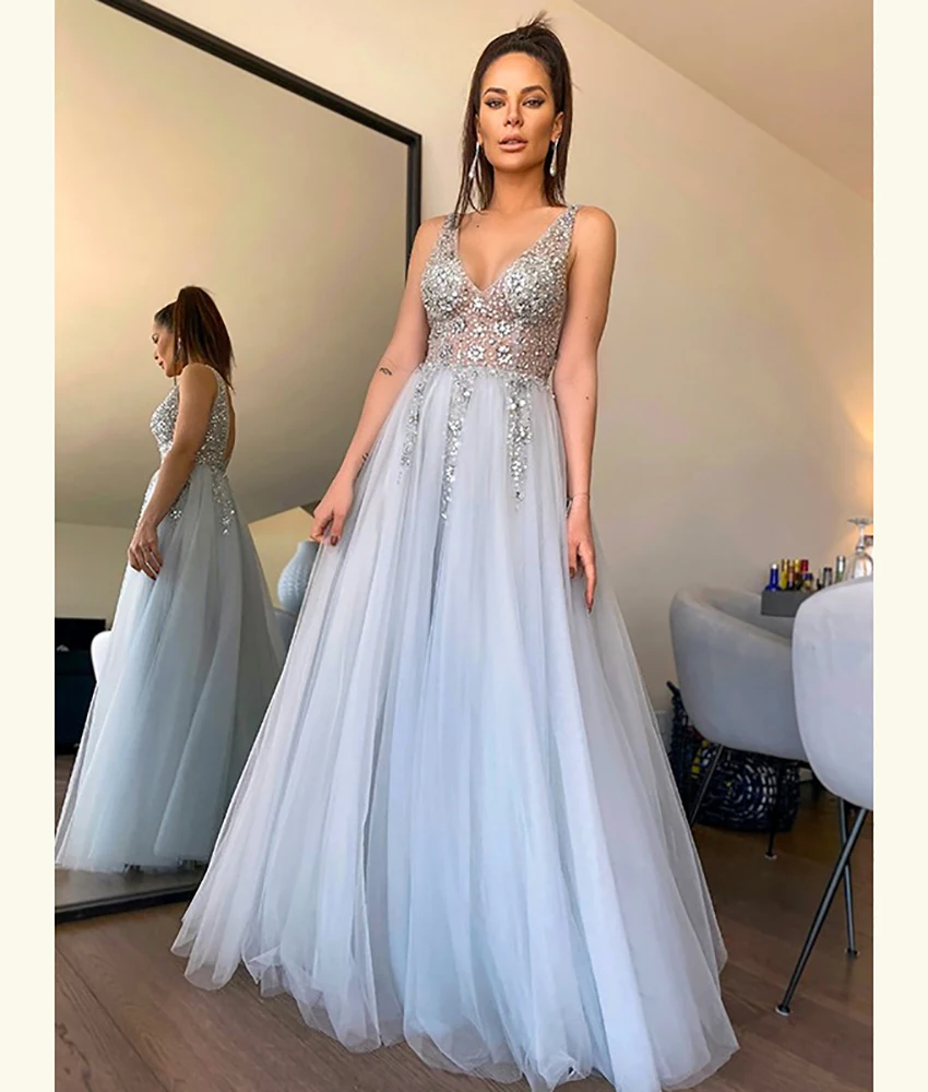 

Customized Luxury Sequined Crystal Organza A-Line Evening Dress High Quality V-Neck Sleeveless فستان سهرة نسائي