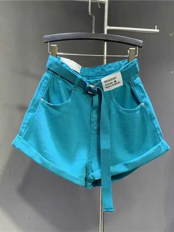 

Новые летние женские джинсовые шорты с высокой талией, тонкие, свободные, с широкими штанинами, с отворотами, модные, цвета «голубой пейко», для похудения