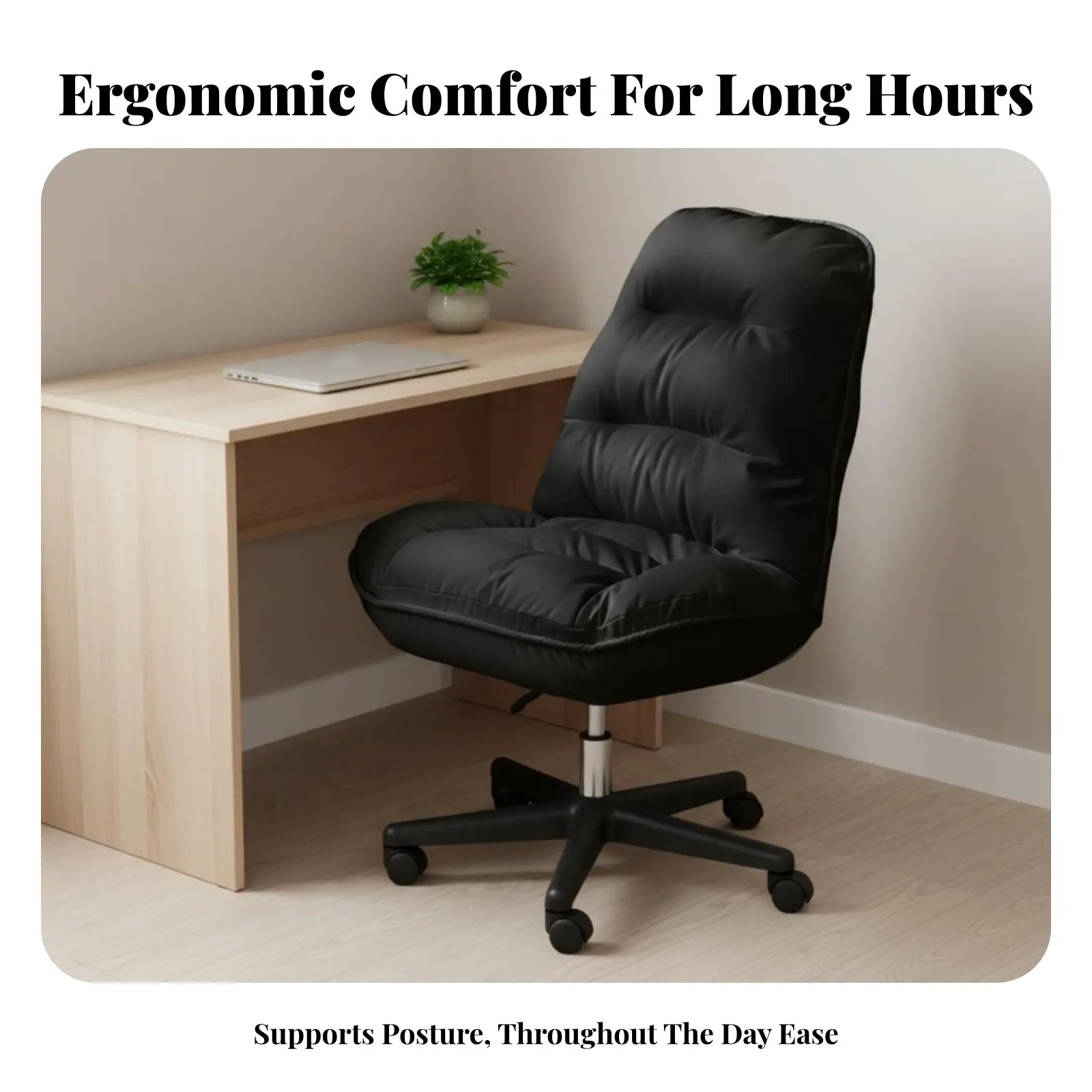 Cadeira de Escritório Sem Braços com Rodas e Assento Acolchoado, Rotação 360 Graus, Design Ergonômico para Estudantes e Quarto