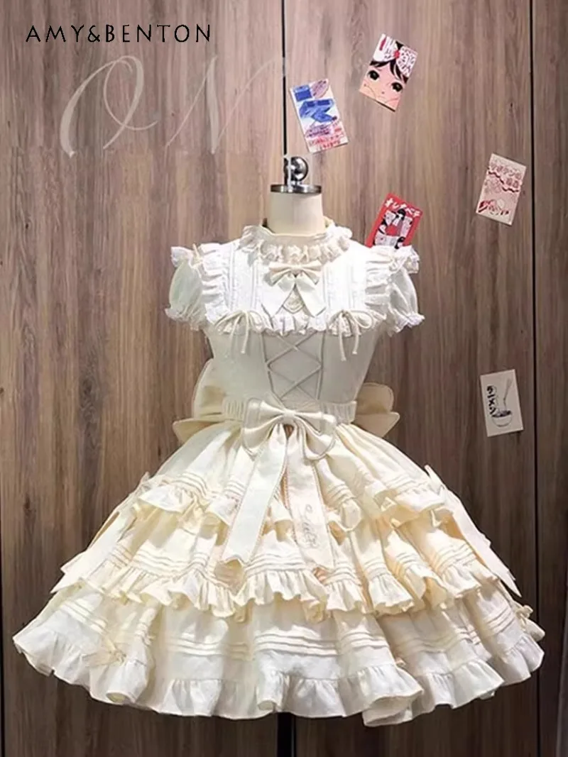 

2025 New Japanese Summer Court Style Round Neck Ruffled Bow Lace-up Design Waist Thin Milk Yellow Dress For Women