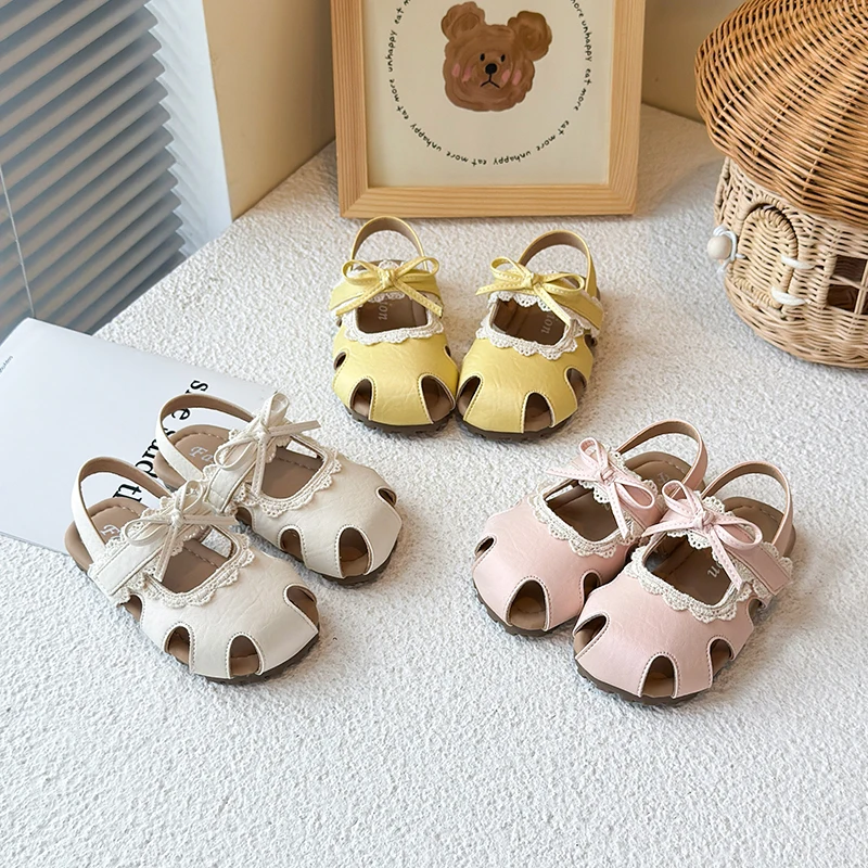 

Kids Toes Capped Strap Sandals for Girls 2025 Summer Non-slip Toddler Cut-outs Ballet Flats with Bow Princess First Walker Shoes