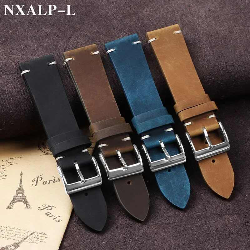 Vintage Oil Wax Leather Watch Band 18mm 20mm 21mm 22mm Handmade Stitching Cowhide Strap for Omega for Seiko Smartwatch Wristband