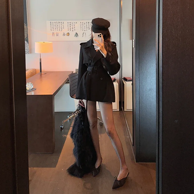 Women Clothes Autumn Winter Fashion Korean Button Solid Color Turn-down Collar Cardigan Women All-match Temperament Lacing Coat