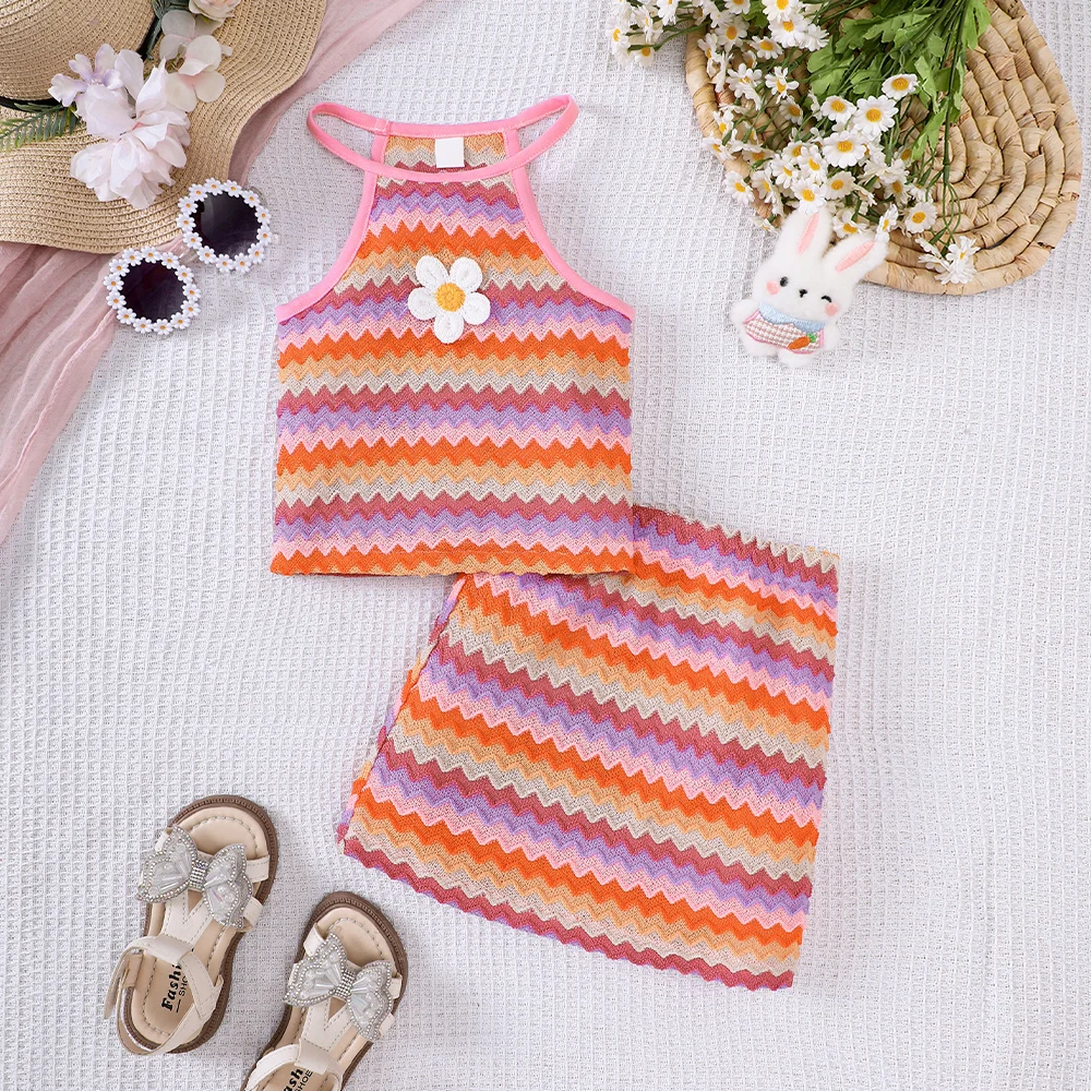 Girls' summer new ethnic style hanging neck top+short skirt two-piece casual set