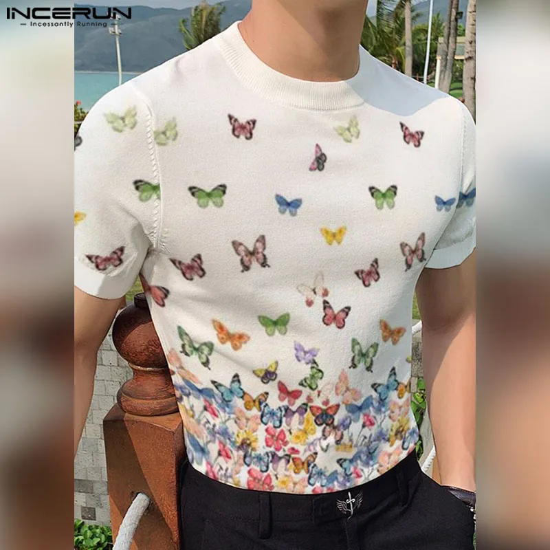 INCERUN Men T Shirt Printing Summer O-neck Short Sleeve Casual Male Tee Tops Streetwear 2024 Korean Style Fashion Men Clothing