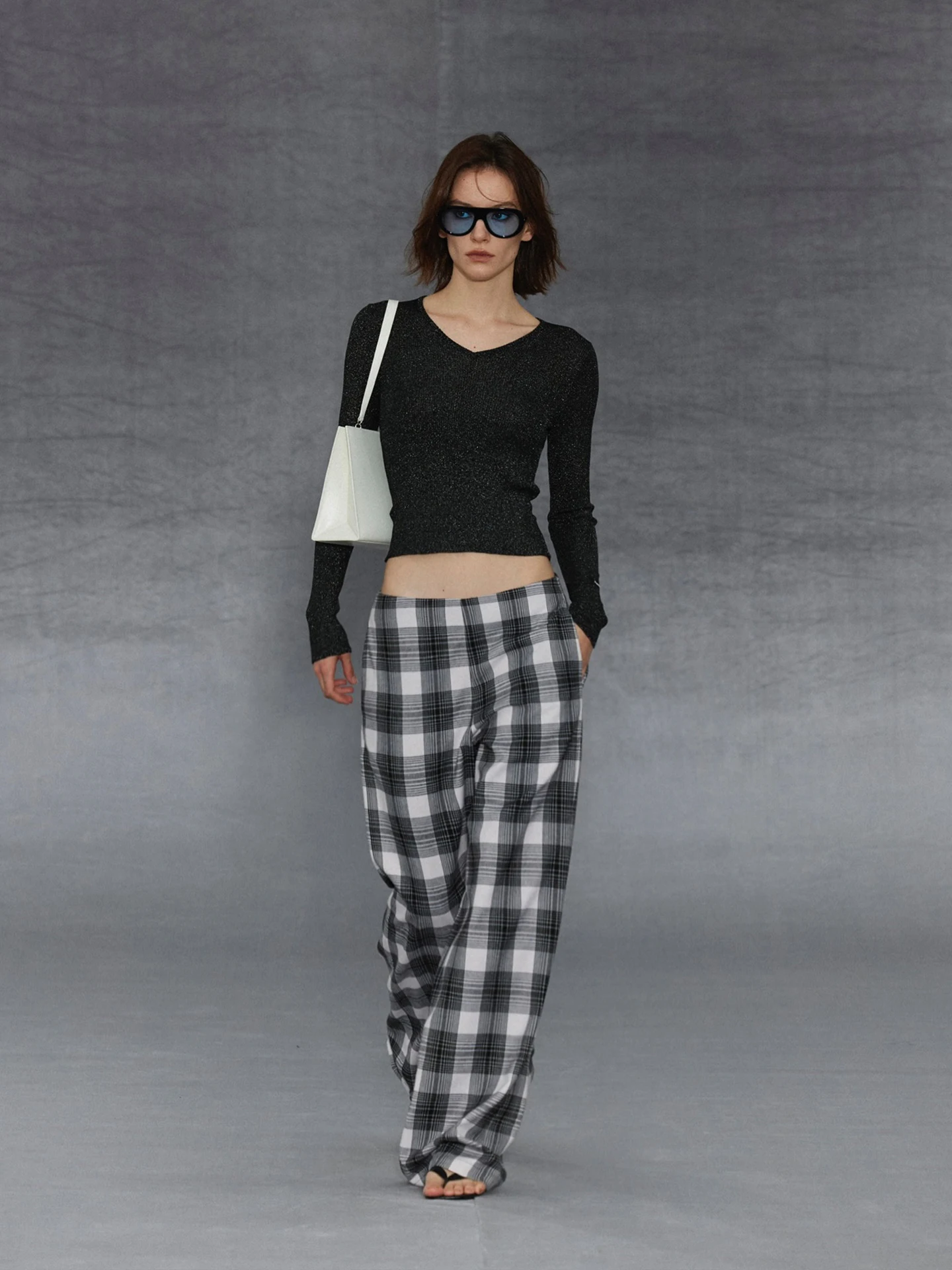 

Classic Plaid Straight Leg Wide Leg Pants Casual Loose Fit Low Waist Zipper Closure Polyester Blend Women's Casual Trousers