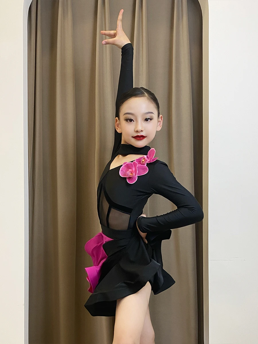 1set/lot classic style children rose flower latin dancing costumes girl sexy patchwork cha cha tango dancing costumes