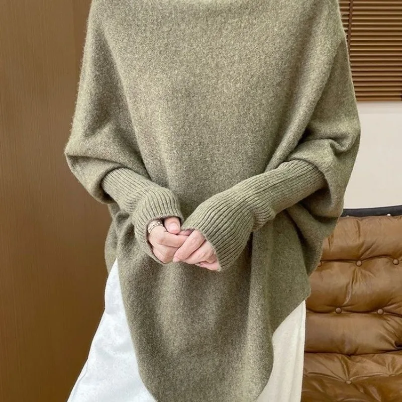 Lazy Style Knitted Sweater 2025 Autumn New Style Irregular Design Bat Sleeve Women's Top