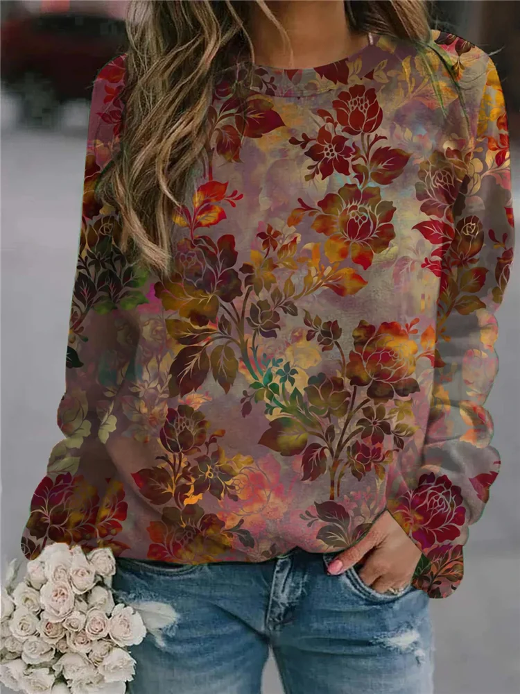 Autumn Winter Workout Casual Comfy Round Neck Loose Shirts Ladies Clothes Women's Long Sleeve Vintage Flower 3D Print T Shirts
