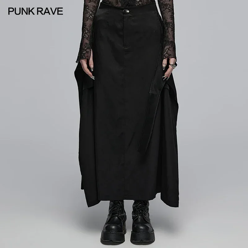 

PUNK RAVE Women's Daily Cross Strap Mid Waist Patches Long Skirt Punk Back Slit Graceful Loose Casual Black Denim