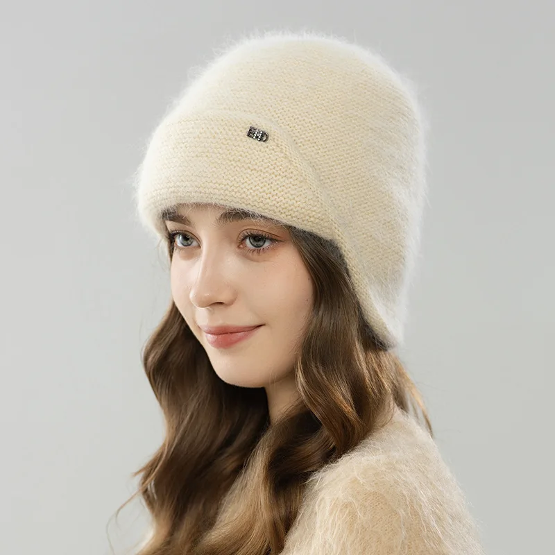 

Winter Hat Earflap Women Angora Knit Beanie Double Layers Rhinestone Warm Accessory For Skiing Autumn Outdoor Sports Cycling