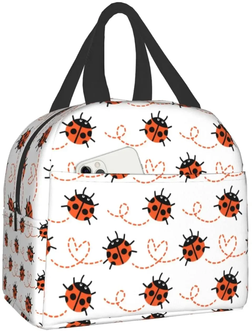 Ladybugs and flowers Lunch Box Bento Box Insulated Lunch Boxes Reusable Waterproof Lunch Bag With Front Pocket For Picnic Hiking