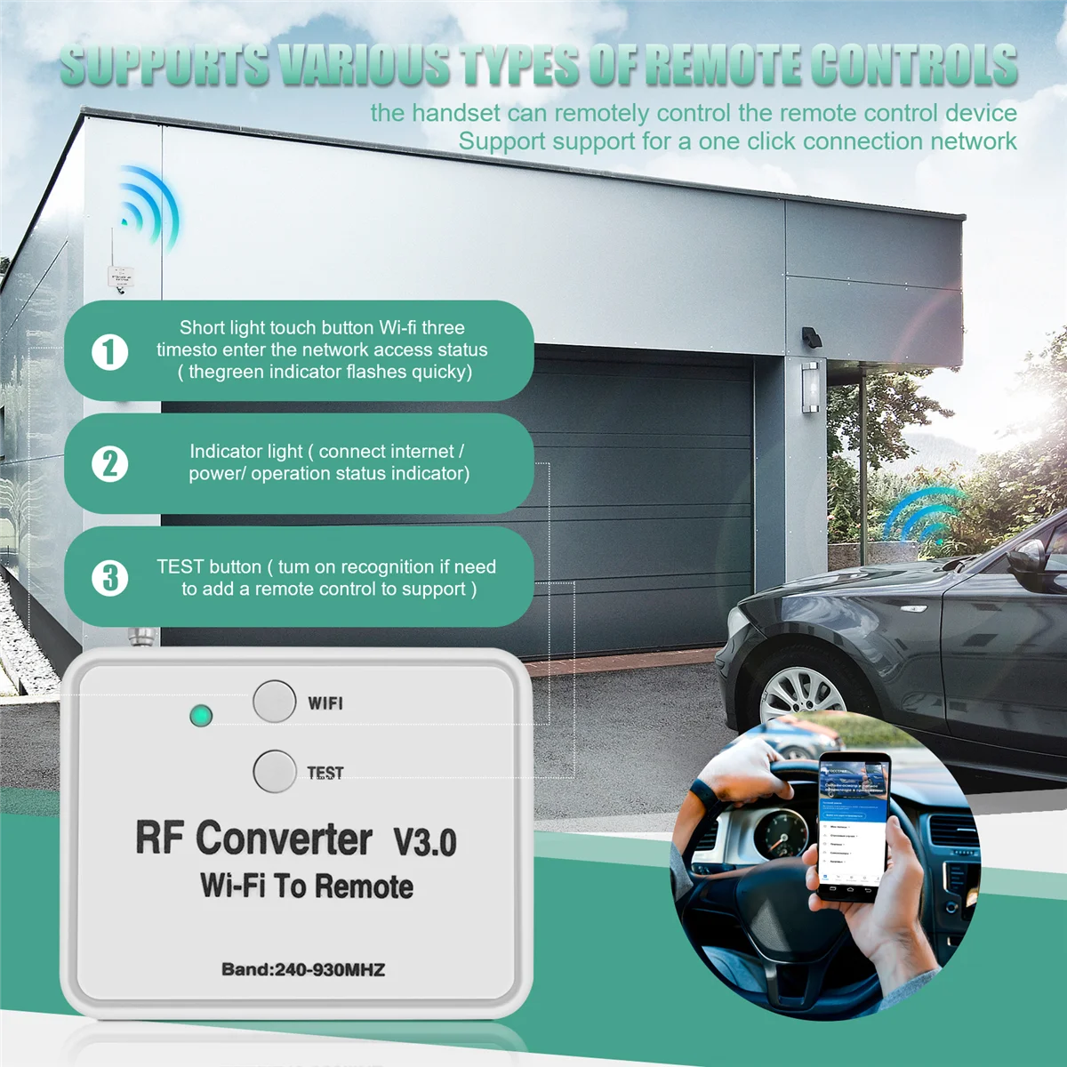 Universal Wireless WiFi para RF Converter, Telefone Em vez de controle remoto, 240-930Mhz, Smart Home