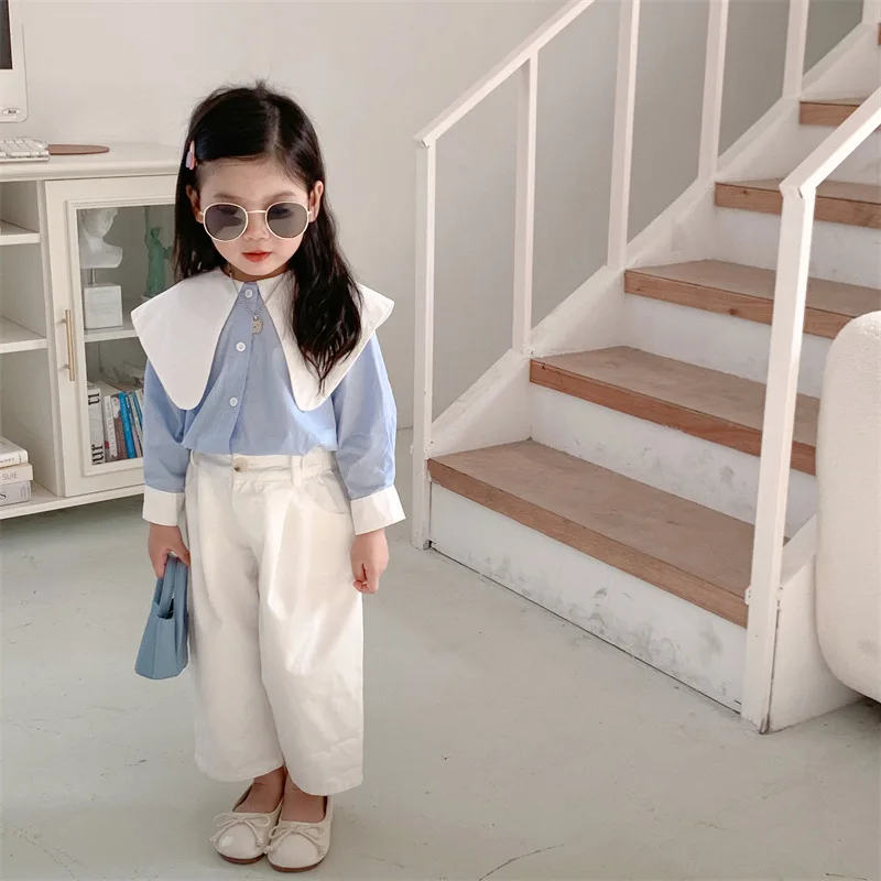 Shirt Top Cute Sweet Spring Autumn New Korean Girl Contrast Color Lapel College Long Sleeve Leisure Active